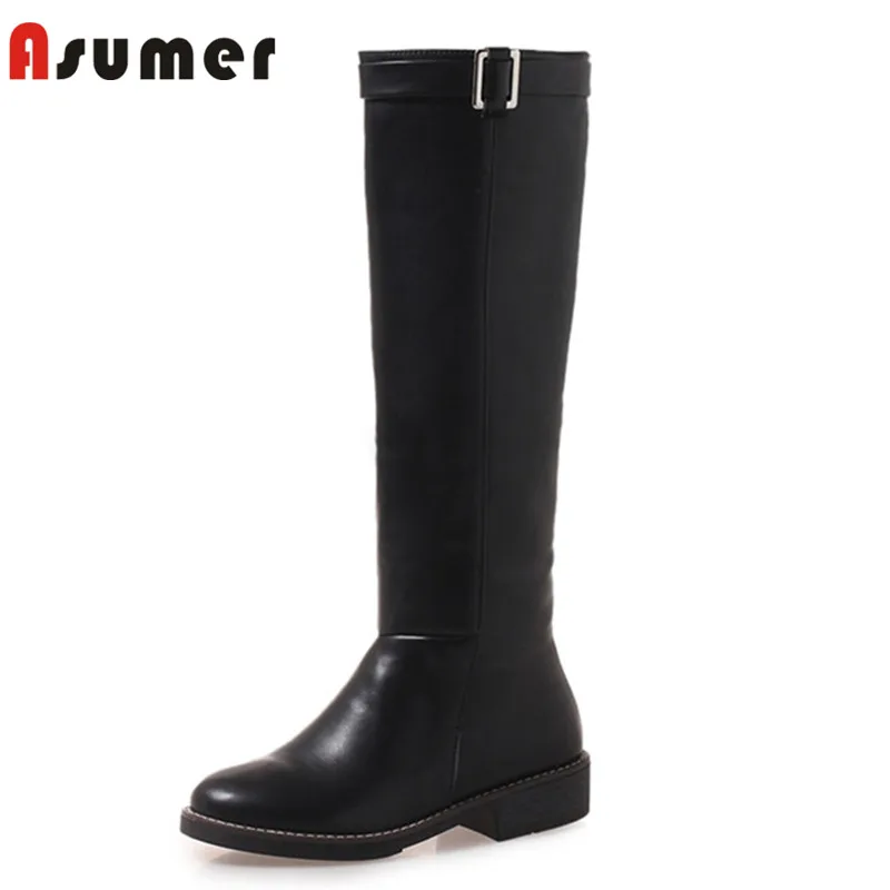 ASUMER/Новинка года; сапоги до колена; женские сапоги для верховой езды с круглым носком и пряжкой; сезон осень-зима; женская повседневная обувь на низком каблуке