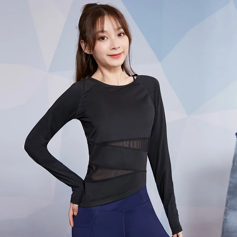 Black FBF9362 Женские топы для тренажерного зала, розовые топы для йоги, рубашки для йоги с длинным рукавом, топы для занятий фитнесом, бегом, футболки для тренировок, йоги, спортивная одежда, сексуальная - Цвет: Black FBF9362