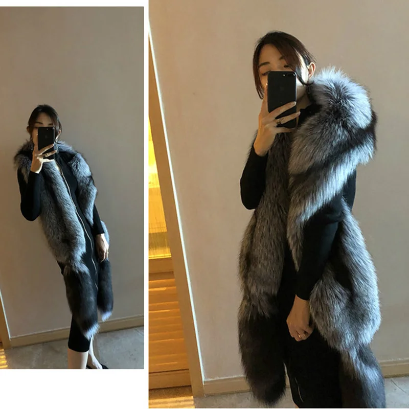 

MS.Minshu Long Fox Fur Shawl Luxury Genuine Fox Skin Shawl Whole Fox skin Stole with Tails Natural Fox fur Scarf