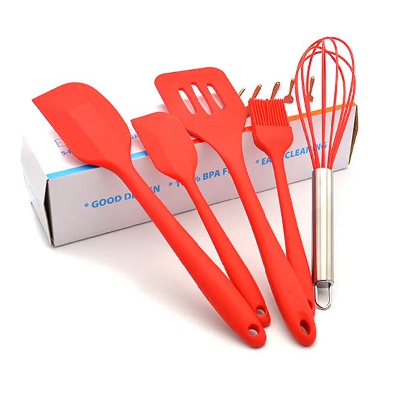  5pcs/set Baking Tool Set Red Silicone Scraper Egg Beater Cake Tool Kitchen Utensils Cook Brush