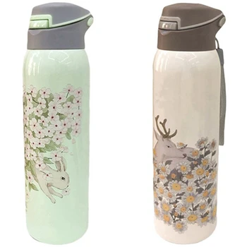 

2x 350Ml Double Wall Water Bottle with Straw 304 Stainless Steel Vacuum Flask Mug Bottle Insulated Cup-Green & Beige