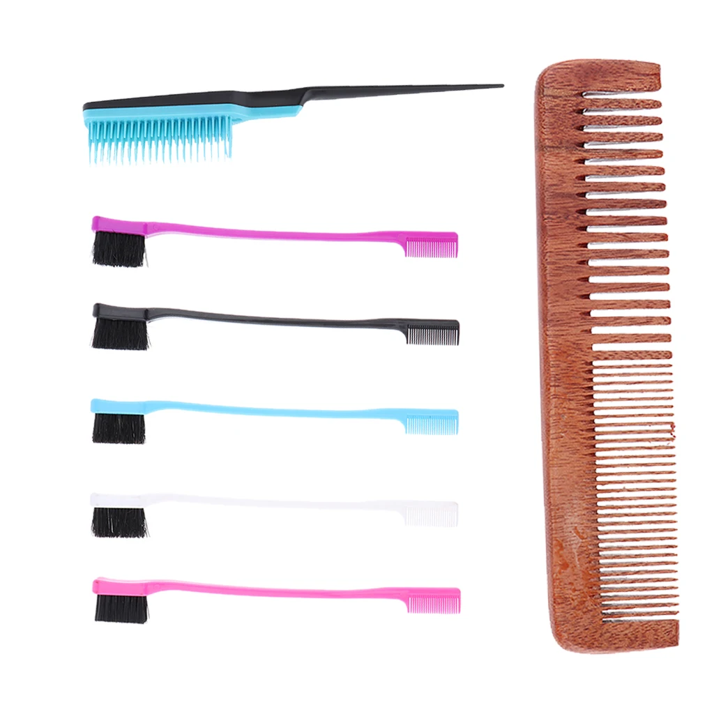 Men Pro Handmade Rake/Fine Antistatic Wood Comb, Edge Control Brush, Styling Combs Set ( 7pcs )
