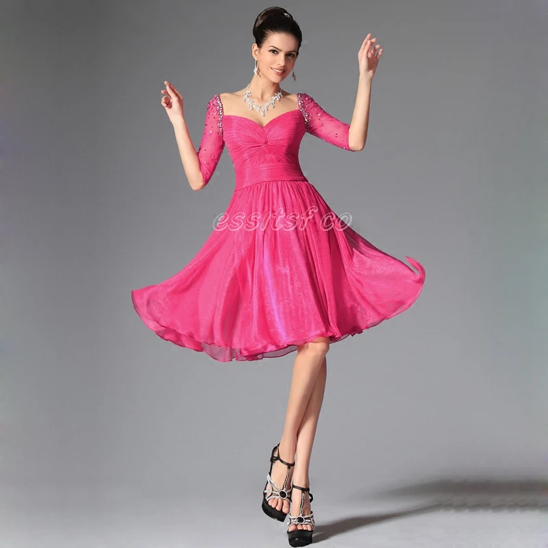 short Prom with half sleeves crystal Scoop Vestidos De Baile Sheer Top Party Graduation sexy sweetheat bridesmaid dress