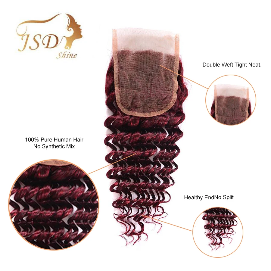 Человеческие волосы Связки с закрытием JSDShine бордовый бразильский глубокий пучки волнистых волос с закрытием 99J не волосы remy Расширения