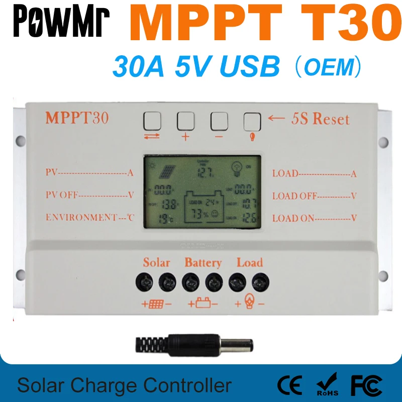 Powmr Mppt 30A Regolatore Di Carica Solare 12V 24V Interruttore Automatico 30A Pannello Solare Controller Display Luce Di Carico E Timer Controller