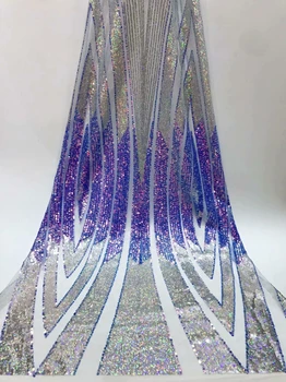 

2019 New Design French Nigerian Lace Fabric Silver Blue Gold Sequin Tulle African Lace Fabric Wedding African French Tulle Lace