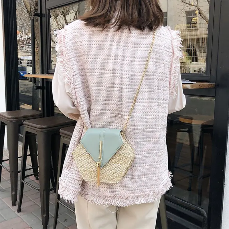 

Exquisite Handmade Straw Rattan Woven Shoulder Bag Chain Crossbody Bag for Women Ladies Summer Beach Use Supplies F42A