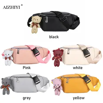 

Fashion Solid Color Women Fanny Waist Bags PU Leather Bear Pendant Chest Shoulder Pack Ladies Zipper Phone Pouch