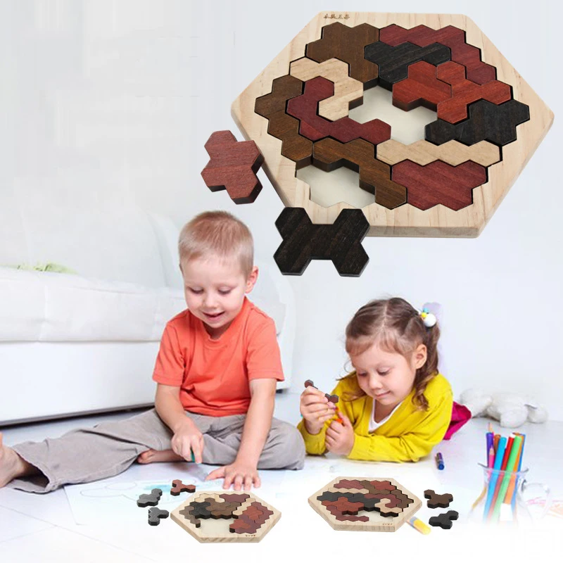 

Wooden Puzzle Brain Teaser Toy Hexagon Fun Geometry Logic Triangle Puzzle Child Intelligence Game Educational Toy for Kids gifts