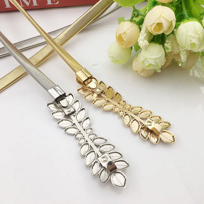 Flower leaves metal buckle belt for dresses women ladies elastic waist chain belts female gold thin belts fashion waistband