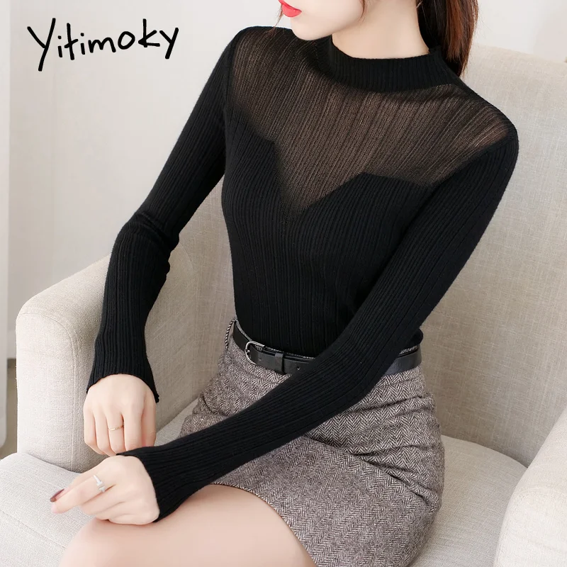 

Sexy Mesh Patchwork Winter Sweater Women Sweaters and Pullovers Half Turtleneck Candy Color Knitted Korean Sweater Autumn 2019