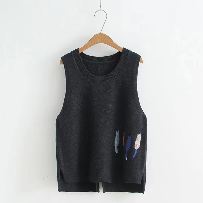 Autumn Cute Cat Embroidery Knit Pullover Sweater Women Solid Color Sleeveless Female Vestido Casual Sweet Sweater Vest Z110
