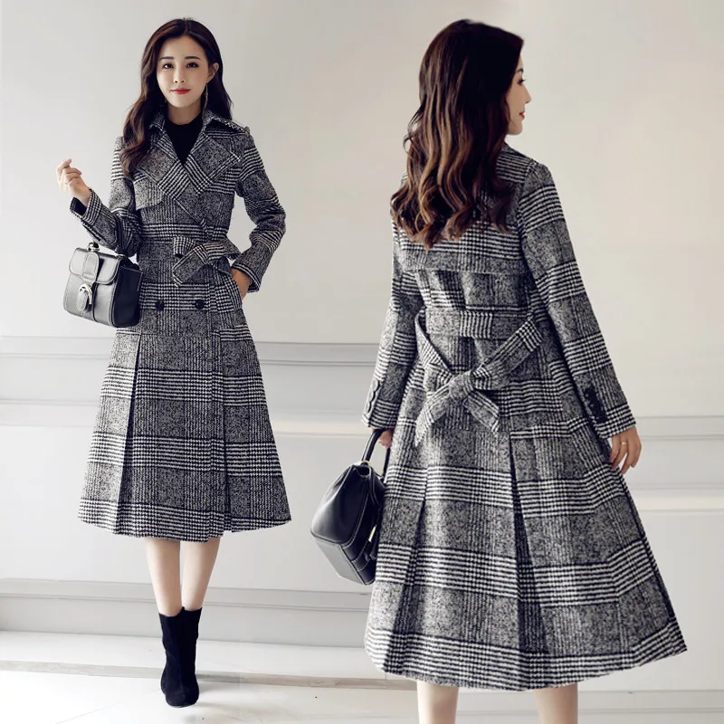 

Womennew long section large size woolen coat Slim thin double-breasted plaid windbreaker coat woolen coatAutumn Winter Wool