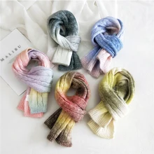 Women Double-sided Scarves Soft Patchwork Shawls Wraps Winter Thicken Warm Candy Color Tie-dye Sweet Knitted Wool Scarf