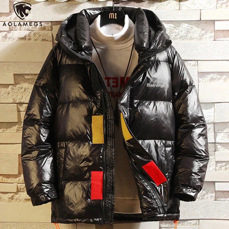 

Aolamegs Winter Jacket Men Bright Solid Color Hooded Down Jacket Men Back Letter Print Waterproof Coat Mens Winter Streetwear
