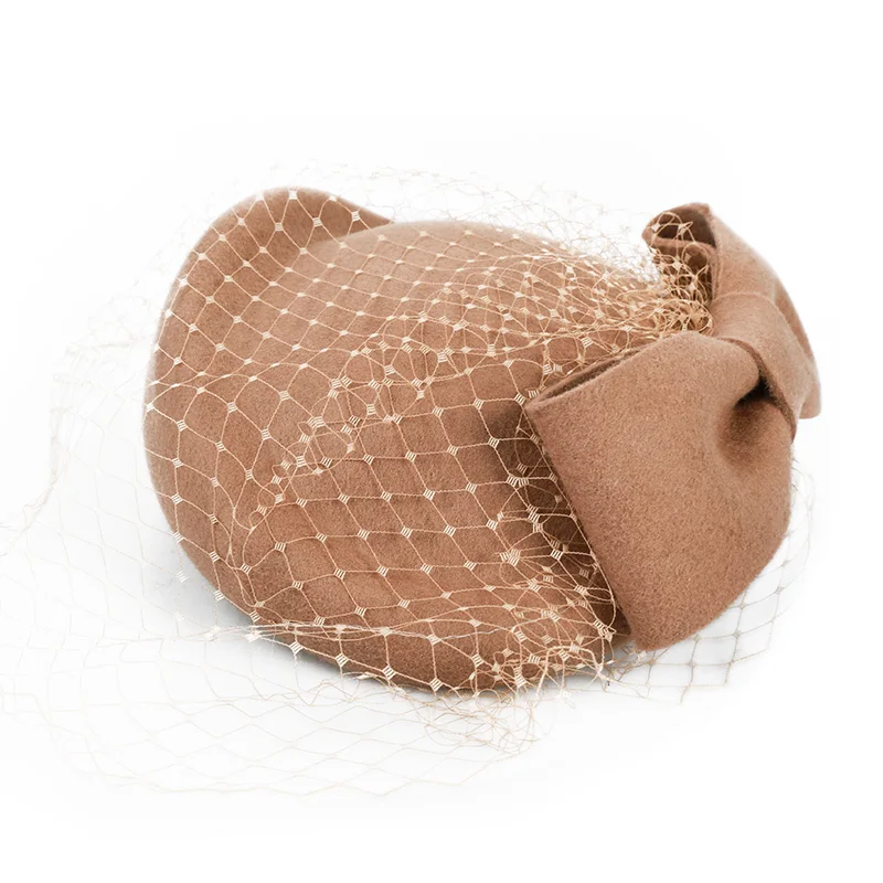 Light Camel Sedancasesa, Осень-зима, женские, женские, дамские, шерстяные, чародейные шапки с вуалью, Pillbox, головные уборы, Кружевная Сетка, свадебная шапка, бант, береты - Цвет: Light Camel