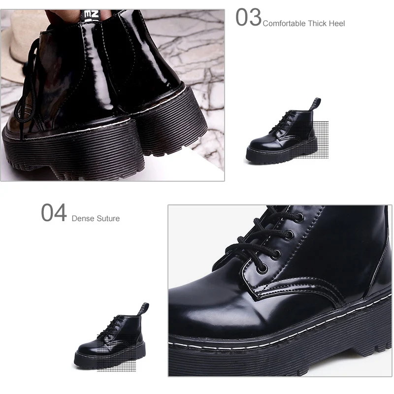 Women's Flat Platform Ankle Boots Autumn Patent Leather Boot Black Lace Up Creepers Shoes Fashion Party Footwear Drop Shipping
