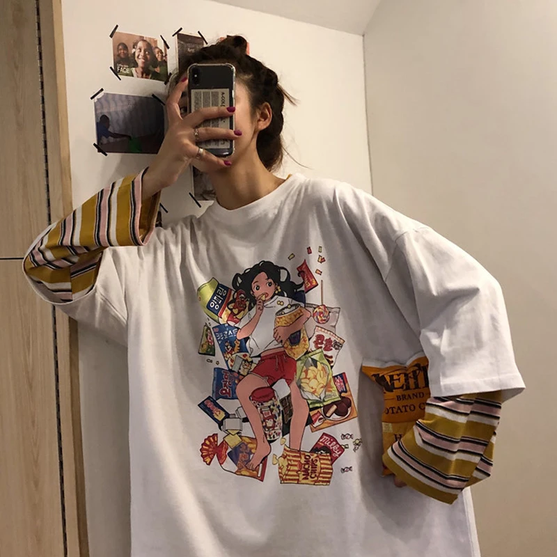 see chart Осенняя женская одежда корейский Ulzzang Harajuku футболка Веселая с принтом поддельные два футболки женские свободные рубашки топы - Цвет: see chart