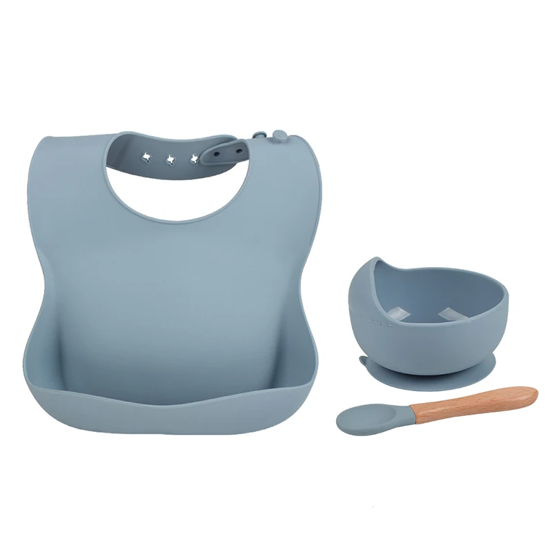 Baby Silicone Bowl Bibs Set Non-slip Children's Suction Plate Wooden Handle Silicone Spoon Bibs Dishes Baby Feeding Tableware
