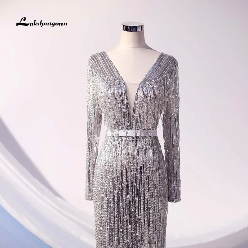 Lakshmigown Серебристые вечерние платья с блестками Длинные блестящие бисерные Длинные рукава Русалка Женские вечерние платья торжественное платье vestidos largos