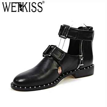 

WETKISS Rivet Metal Decoration Zipper Buckle Round Toe Footwear Fashion Handmade Shoes Women New Low Heels Summer Ladies Boot