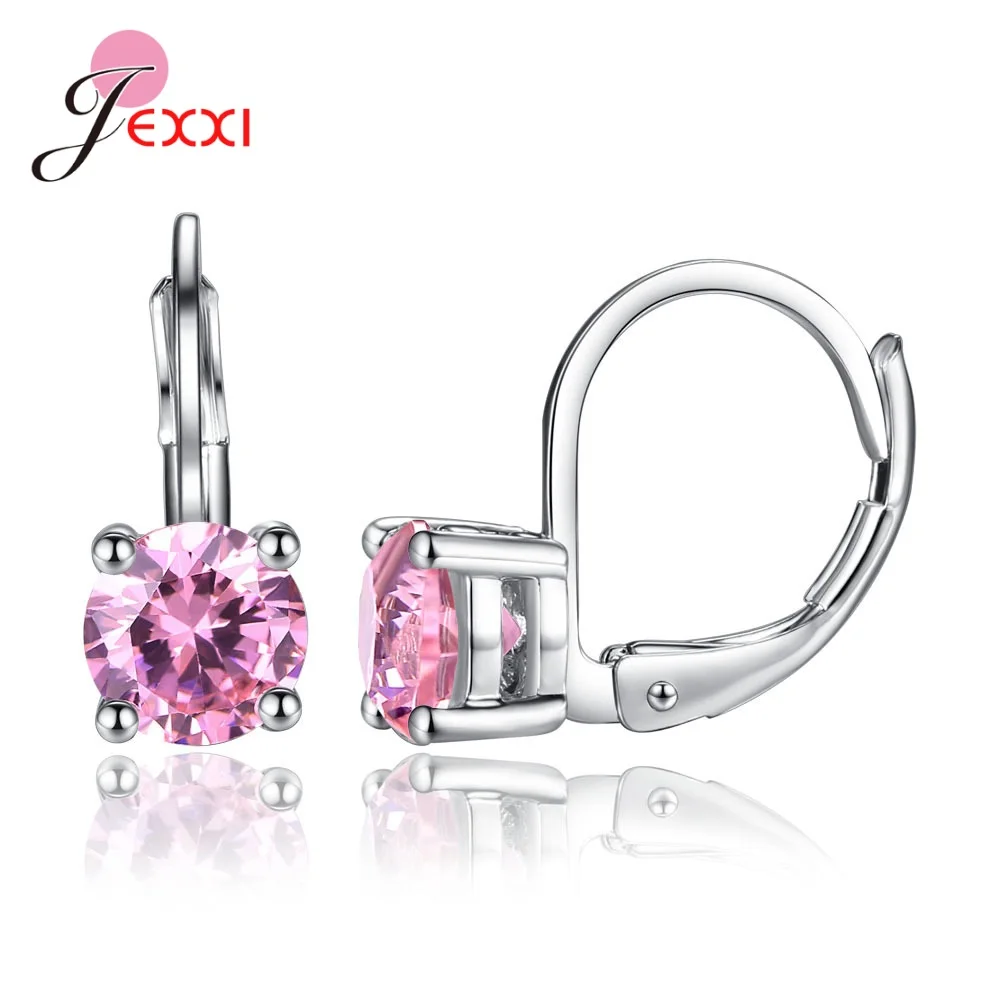 Simple White Pink Red CZ Cubic Zircon Lever Back Earrings Pure S925 Sterling Silver Jewelry for Women Female Wedding Engagement | Украшения