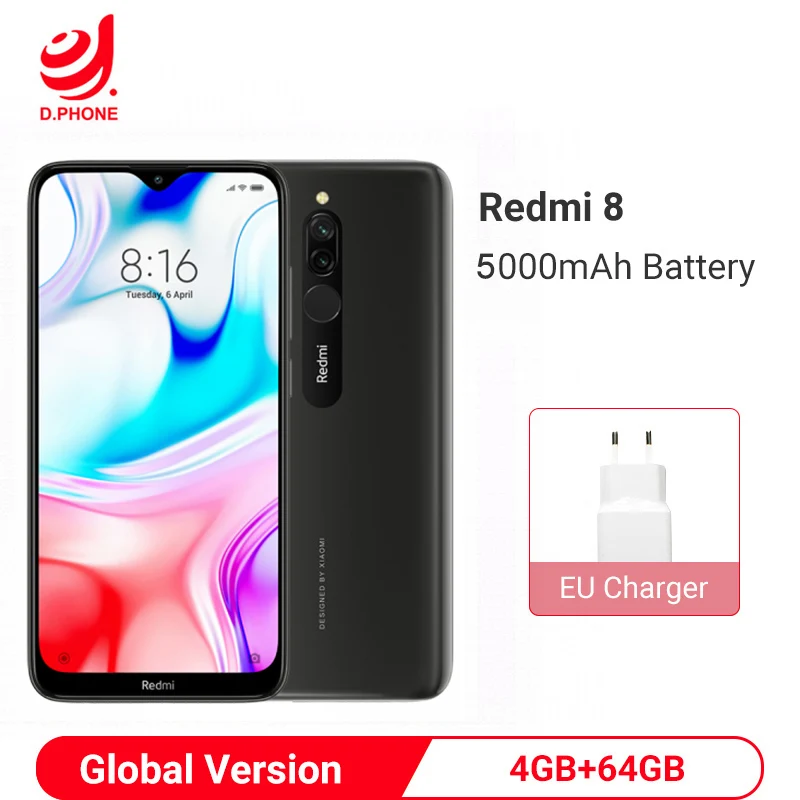 Xiaomi Redmi 8, 4 ГБ, 64 ГБ, глобальная версия, Смартфон Snapdragon 439, четыре ядра, 5000 мАч, большая батарея, 12 МП, двойная камера, мобильный телефон