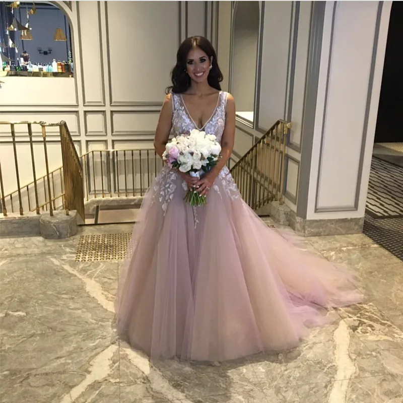 Розовый Красивые розовые 3D Цветочные кружевные свадебные платья Tutu с двойным v-образным вырезом трапециевидные кружевные свадебные платья Casamento - Цвет: Розовый