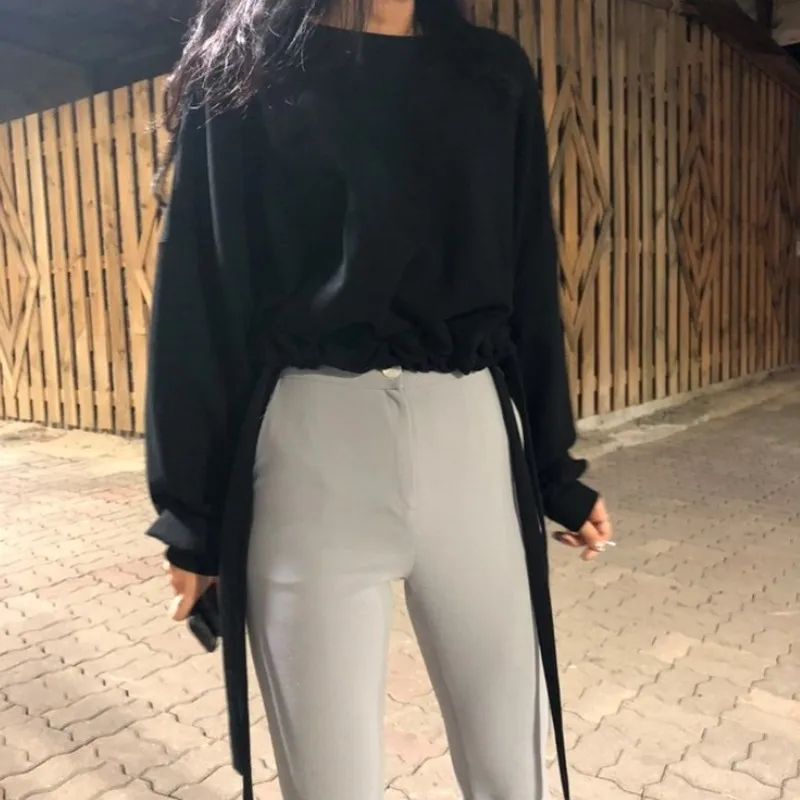 

Casual Korean Oversize Pullover Women's Sweatshirt Autumn Hem Tether Short Pullover Solid Color Streetwear Sweatshirt Women