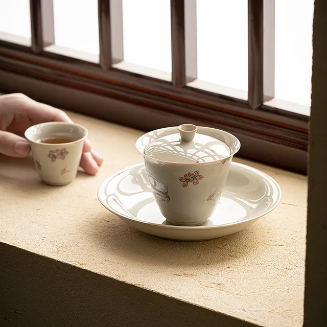 130 Ml Kézzel Festett Sakura Művészet Kerámia Tea Tureen Jégszürke Mázas Készítő Gaiwan Japán Sancai Borító Tál Kung Fu Teárfészek Készlet - Image 6