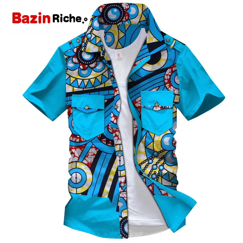 Дашики Мужская Топ рубашка Bazin Riche африканская мужская одежда хлопок Печать Лоскутная Кнопка Топ рубашка мужская африканская одежда WYN894