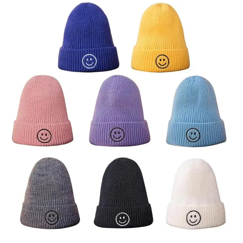 Jocstyle, карамельный цвет, детская вязаная шапка, Осень-зима, теплая шапка со смайликом, хорошая эластичность, с манжетами, детская шапка, аксессуары для головы