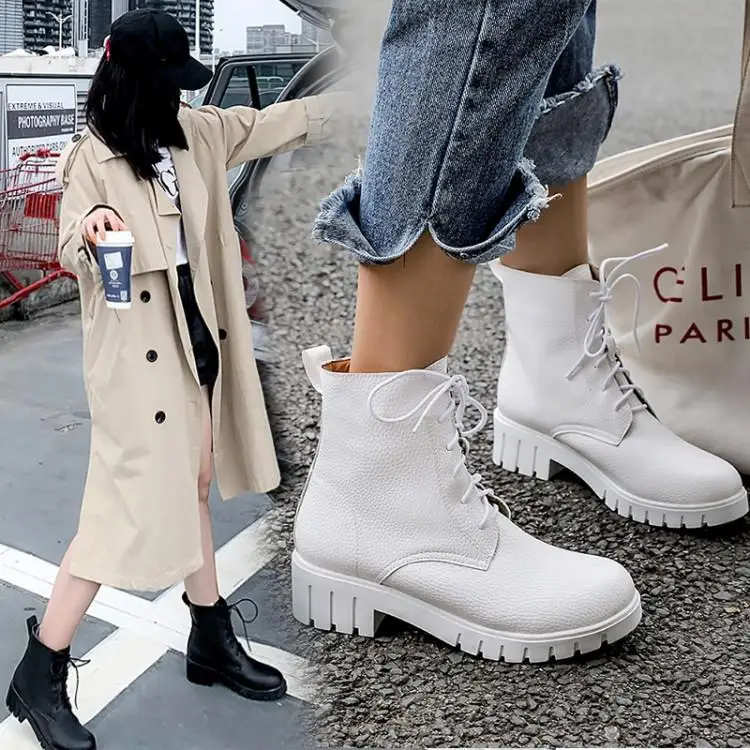 

Winter Boots Women Low Heel Pu Short Faux Fur Solid Color Lace Up Front Martin Boots Botas Altas Mujer Ugged Women Shoes Lace-Up