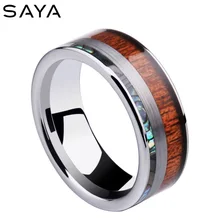 2017 New Trendy 8mm Width Man's Tungsten Carbide Band Rings Koa Wood and Shells Inlay for Wedding Size 7-11 Free Gift Box