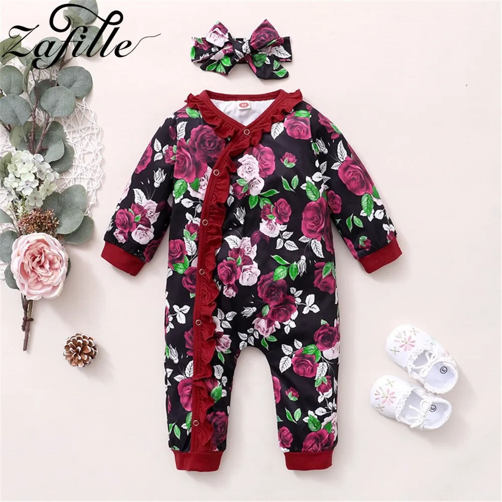 Baby Bodysuits classic ZAFILLE Floral Clothes For Newborns Girl Long Sleeve Baby Romper Ruffles Jumpsuit For Kids and Headband Baby Girl Winter Clothes coloured baby bodysuits