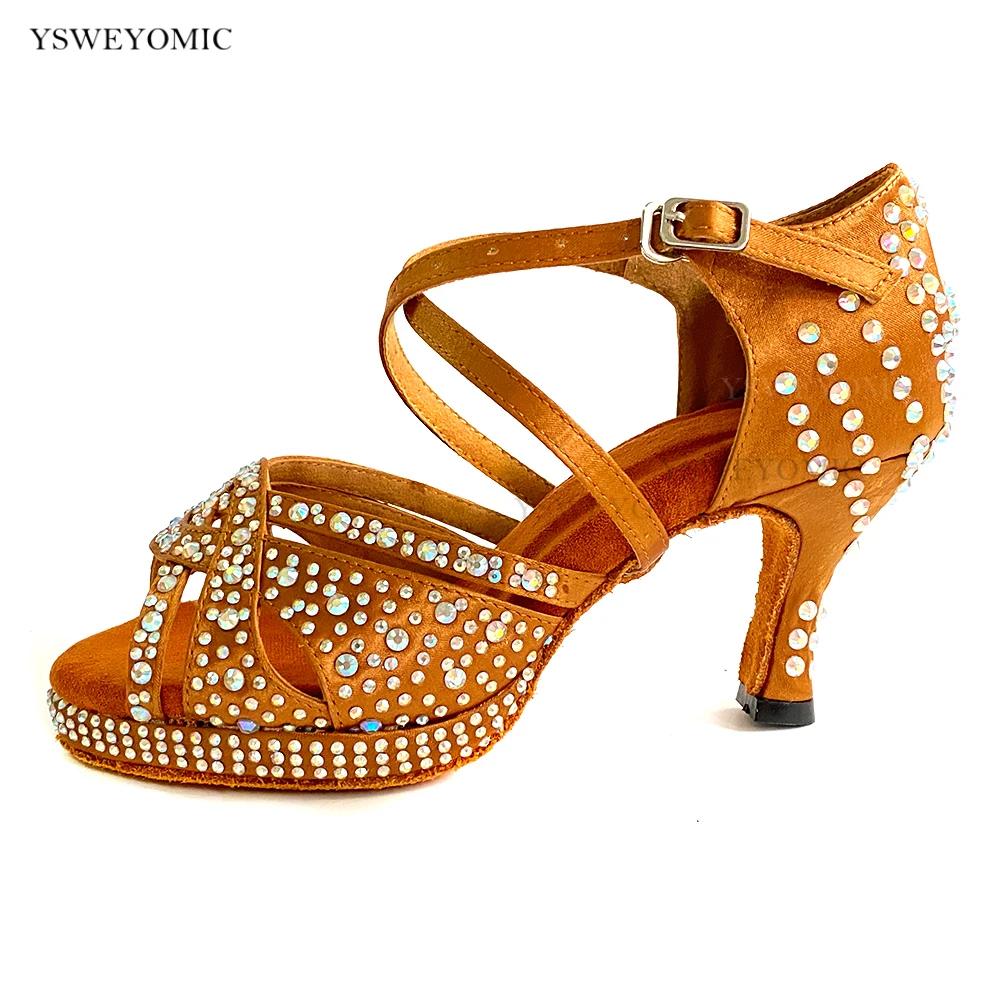 Bachata Dancing Shoes Suede Outdole Brown Satin Medium Heel 7cm Platform Salsa Latin Dance Shoes With Stones For Women