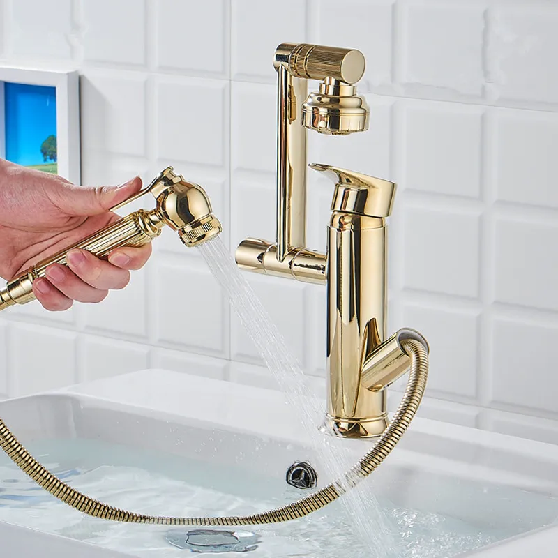 

Bathroom Basin Faucets Solid Brass Sink Mixer Vessel Crane Tap Hot & Cold Deck Mounted Single Handle Rotate Pull Out Type Gold