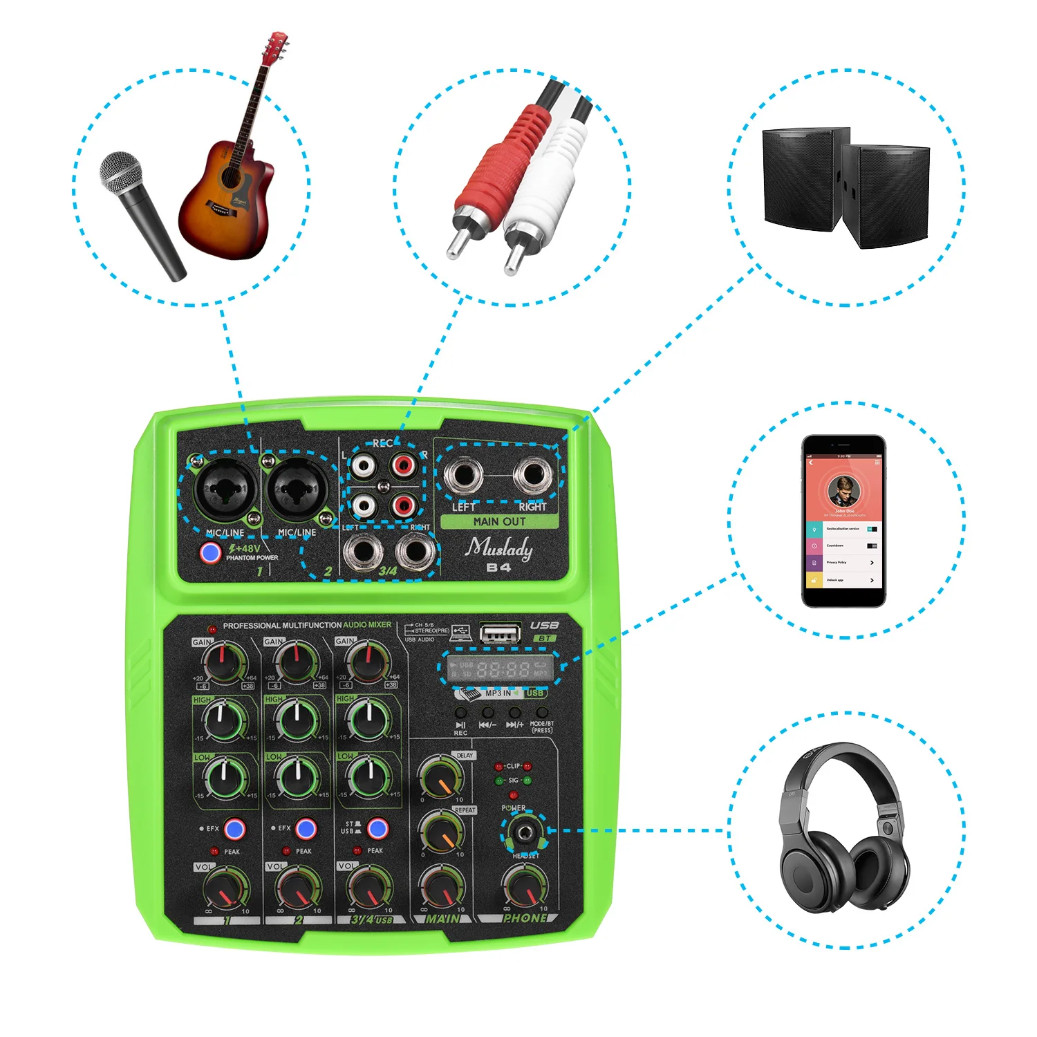 Muslady B4 Portable 4 Channels Audio Mixer USB Mixing Console Supports BT Connection with Sound Card Built-in 48V Phantom Power