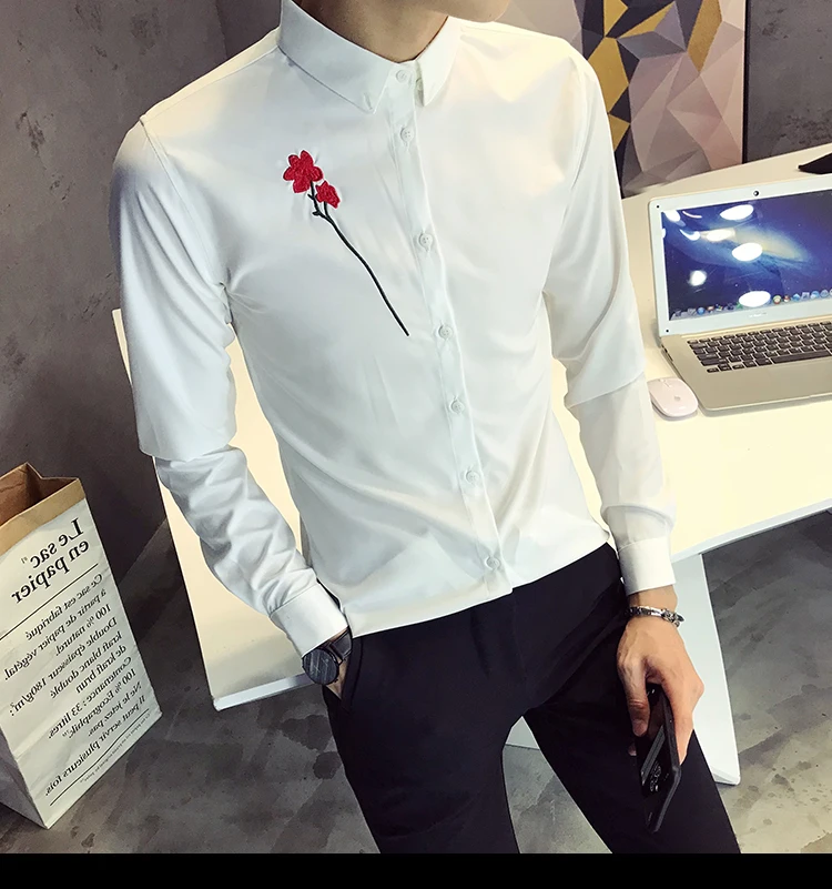 Рубашка с вышитыми цветами, мужская, с длинным рукавом, брендовая, Camisa Masculina, приталенная, уличная, для выпускного, смокинг, для ночного клуба, вечерние рубашки