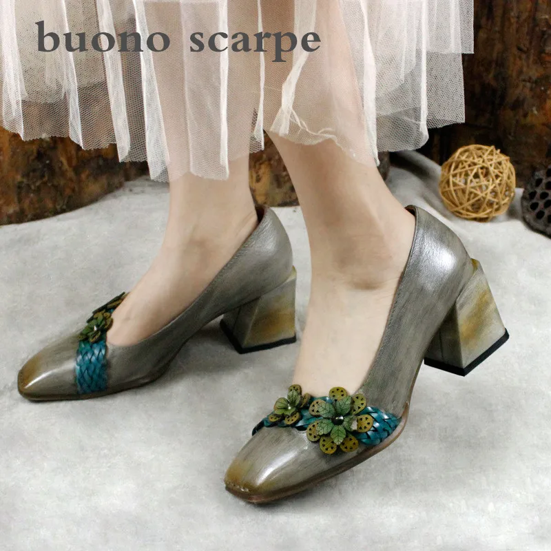 

Spring and autumn new retro square head flowers shallow mouth single shoes female thick with leather shoes high heels