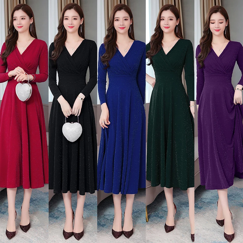 

Purple Autumn New V-neck Retro Ladies Temperament Sequin Women Dress Elegant Bright Silk Long-sleeved Sparkly Dress Blue Green