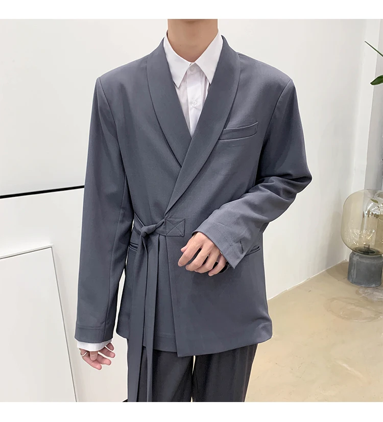 Мужской костюм осень-зима красивый длинный свободный пояс однотонные костюмы для молодых людей модная трендовая мужская одежда