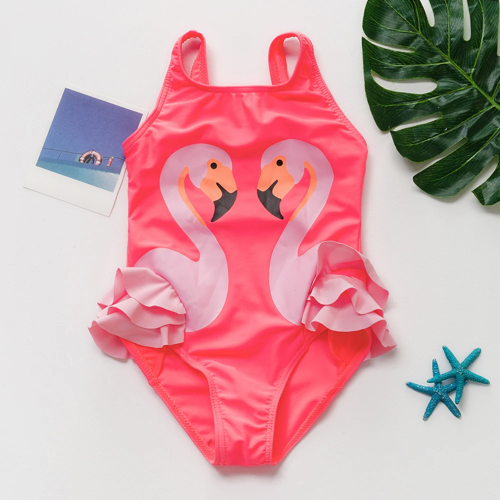 Купальник для девочек с рисунком фламинго, Цельный Детский купальный костюм для девочек, летняя пляжная одежда, купальник с рисунком для девочек