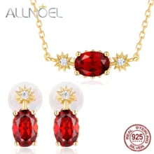ALLNOEL Серебро S925 пробы, натуральный гранат/Топаз, ожерелье с цирконием, серьги-гвоздики, ювелирные наборы для женщин