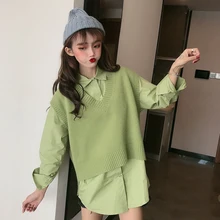 Harajuku Lazy Wind, женские свитера, Осенние, свободные, корейский стиль, нестандартный v-образный вырез, Женский Однотонный свитер, жилет, Chaleco sueter