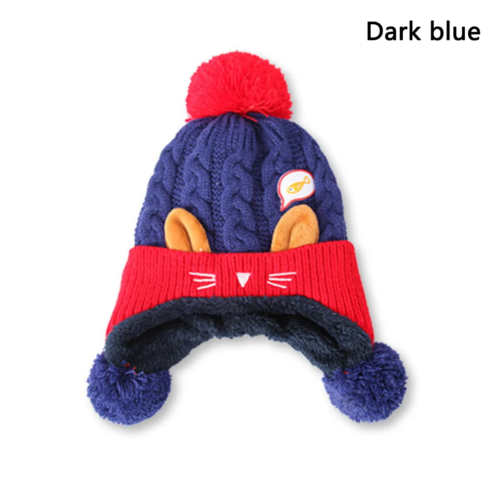 dark blue Детские зимние вязаные Мультяшные теплые наушники кошка шапочка пушистый помпон мяч шапка Горячая Распродажа - Цвет: dark blue