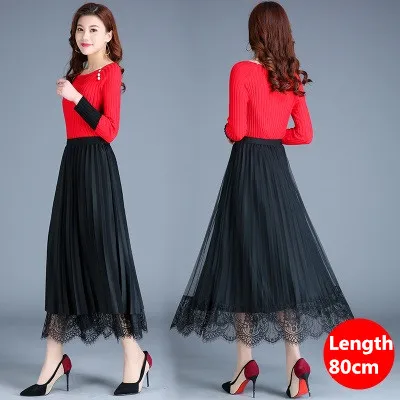 black Length 80cm Модная одежда с обеих сторон юбка Женская Весенняя кружевная сетчатая длинная Плиссированная юбка эластичная талия Элегантная двухслойная трапециевидная юбка 3121 - Цвет: black Length 80cm