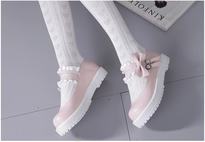 Обувь в японском стиле «лолита» с милым бантом на низком каблуке с круглым носком; Цвет черный, розовый, синий; обувь принцессы на плоской платформе