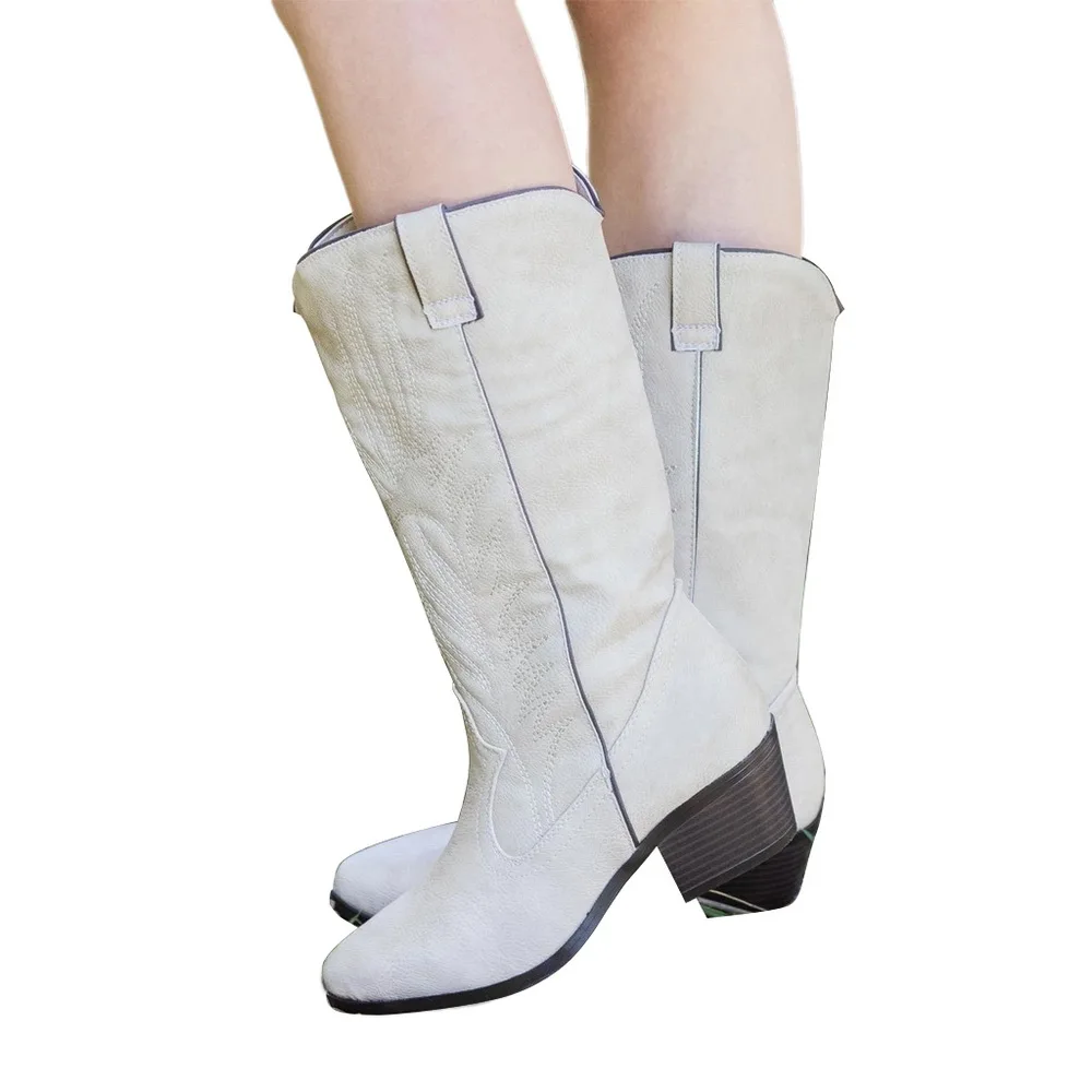 White PUIMENTIUA/женские ботинки; Scarpe; ботинки на толстом каблуке с вышивкой; женская зимняя обувь в ковбойском стиле в стиле ретро; женские кожаные зимние ботинки - Цвет: White