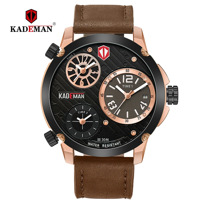 

6100 KADEMAN Men's Watches Big Dial 3 Time Zone Fashion Business Luxury Brand Rose Gold Waterproof Leather Relogio Masculino